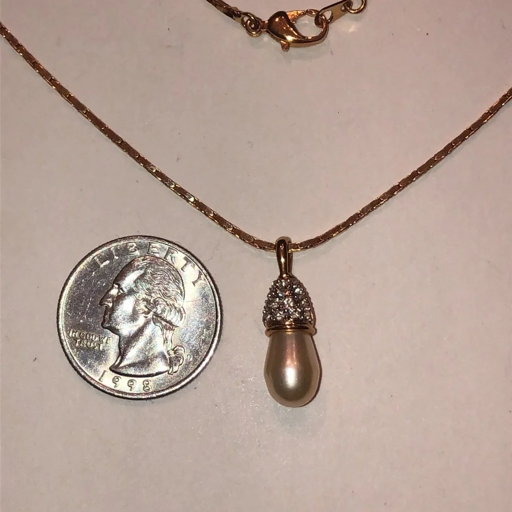 Crystaline Brand Gold Tone Faux Pearl CZ Rhinestone Pendant Necklace